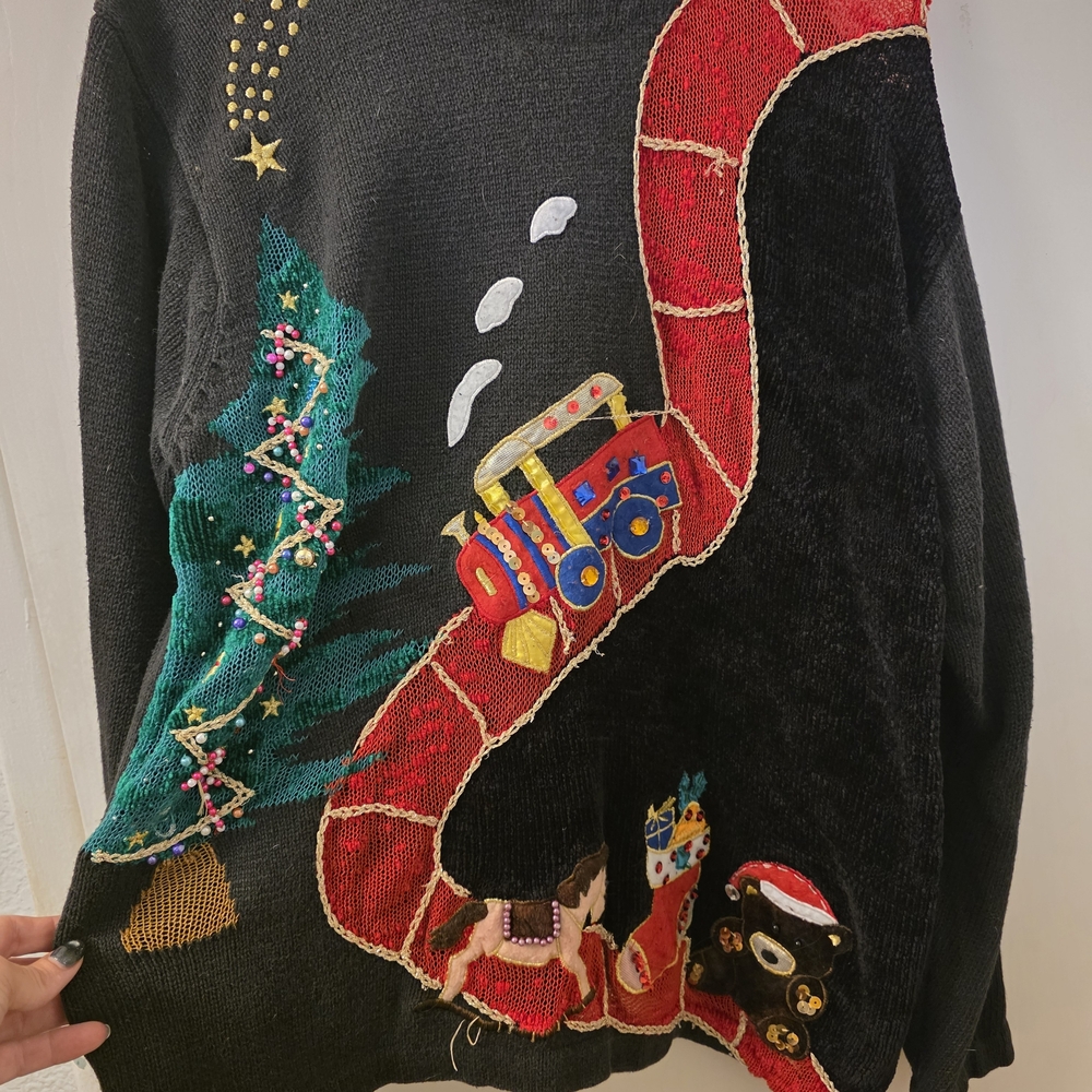 Festive Black Sweater with Christmas Train Design